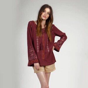 NWT Monoreno Burgundy Bohemian Cotton Embroidered Thermal Top Small
